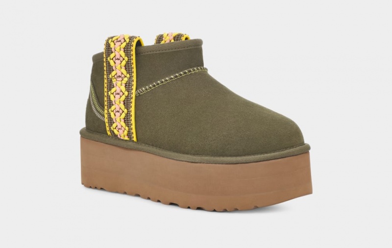 Cizme cu Platforma Ugg Clasici Ultra Mini Braid Dama Masline Verzi | 7928ZPDMY